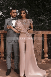 Elegant Lace Aplliques Short Sleeves Evening Jumpsuit With Train