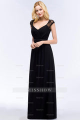 Elegant Lace Black V-Neck Sleeveless Bridesmaid Dresses with Hollowout Back