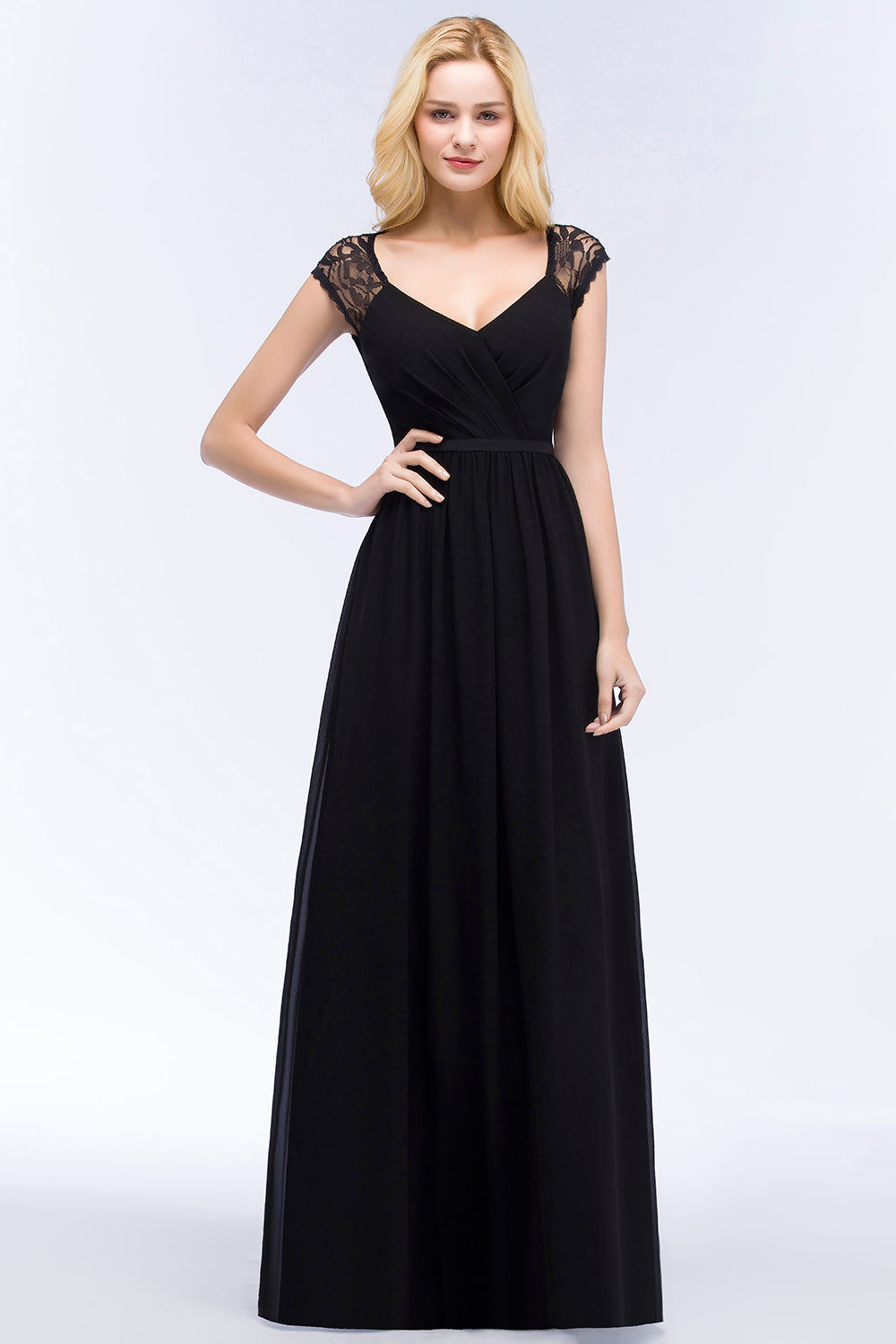Elegant Lace Black V-Neck Sleeveless Bridesmaid Dresses with Hollowout Back