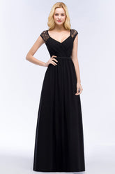 Elegant Lace Black V-Neck Sleeveless Bridesmaid Dresses with Hollowout Back