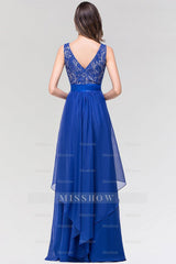 Elegant Lace Jewel Long Chiffon Bridesmaid Dresses with Asymmetric Hemline