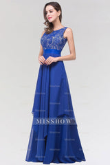 Elegant Lace Jewel Long Chiffon Bridesmaid Dresses with Asymmetric Hemline