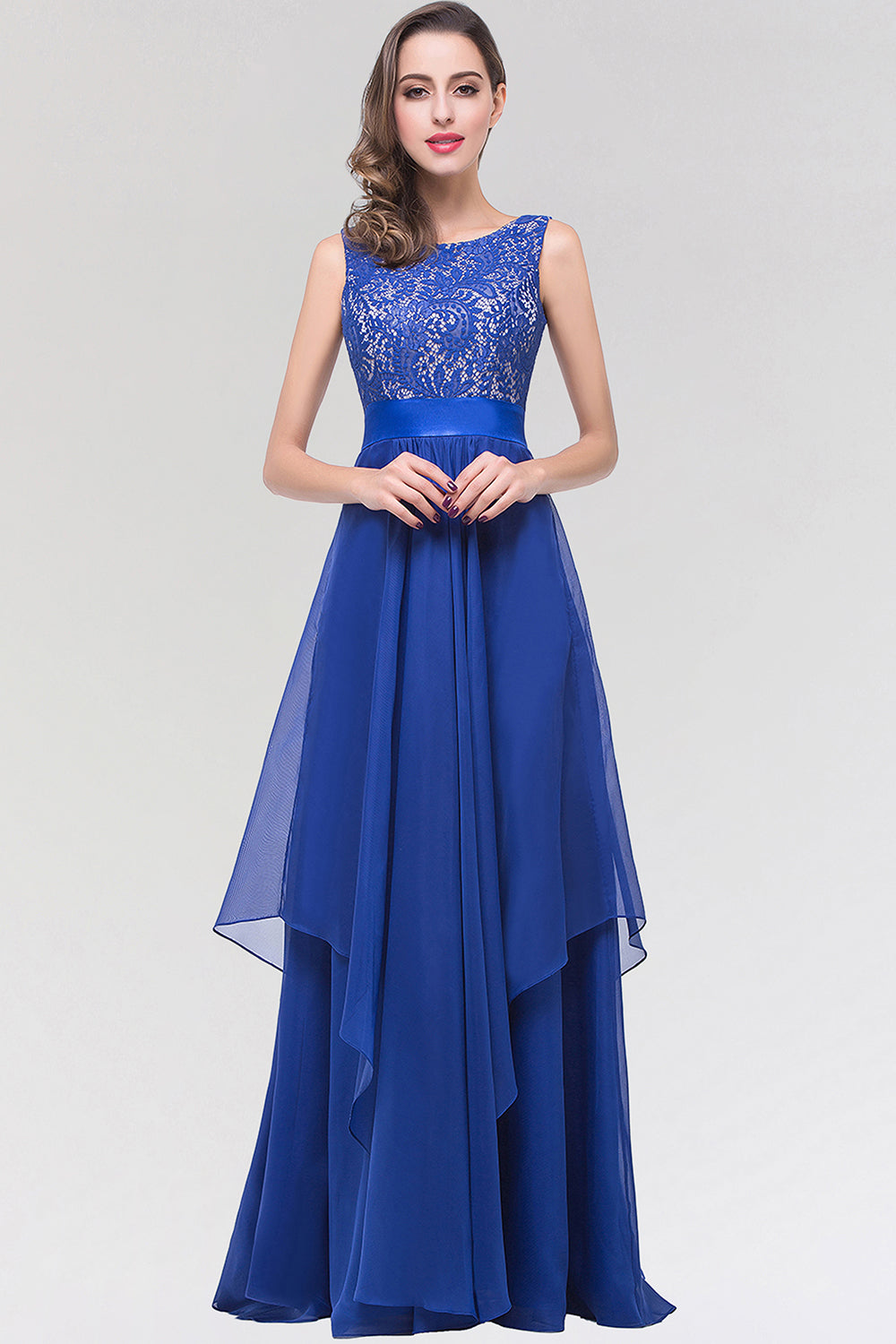 Elegant Lace Jewel Long Chiffon Bridesmaid Dresses with Asymmetric Hemline