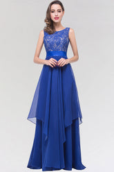 Elegant Lace Jewel Long Chiffon Bridesmaid Dresses with Asymmetric Hemline