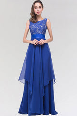 Elegant Lace Jewel Long Chiffon Bridesmaid Dresses with Asymmetric Hemline