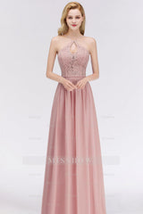 Elegant Lace Keyhole Halter Dusty Rose Chiffon Bridesmaid Dresses Affordable