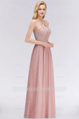 Elegant Lace Keyhole Halter Dusty Rose Chiffon Bridesmaid Dresses Affordable