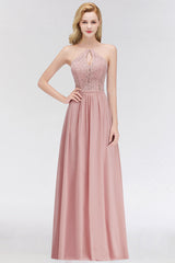 Elegant Lace Keyhole Halter Dusty Rose Chiffon Bridesmaid Dresses Affordable