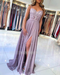 Elegant Lilac A-line Split Long Evening Dresses With Lace