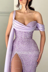 Elegant Lilac Long Glitter Off-the-shoulder Mermaid Evening Dresses With Slit