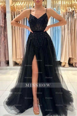 Elegant Long Black A-line Sequined Lace Prom Dresses With Slit