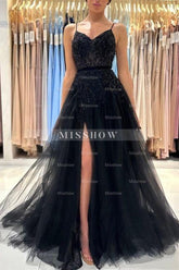 Elegant Long Black A-line Sequined Lace Prom Dresses With Slit