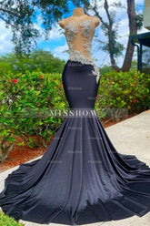 Elegant Long Black Jewel Mermaid Lace Prom Dress with Appliques