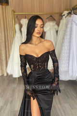Elegant Long Black Off-the-shoulder Lace Mermaid Prom Dress With Slit
