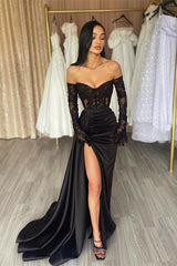 Elegant Long Black Off-the-shoulder Lace Mermaid Prom Dress With Slit