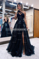 Elegant Long Black One Shoulder A-line Lace Prom Dress With Slit