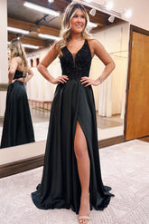 Elegant Long Black V-neck A-line Sequined Sleeveless Prom Dress With Slit