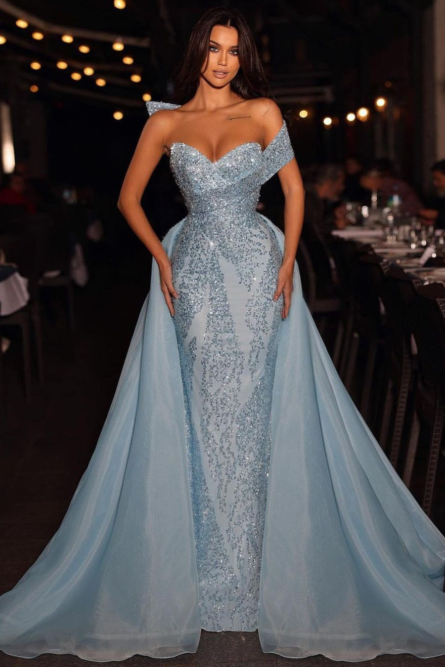 Elegant Long Blue A-line Off-the-shoulder Sleeveless Sequined Prom Dress With Detachable Train
