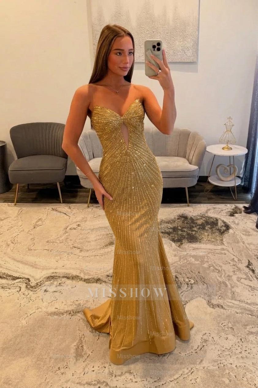 Elegant Long Champagne Mermaid Strapless Sequined Prom Dress