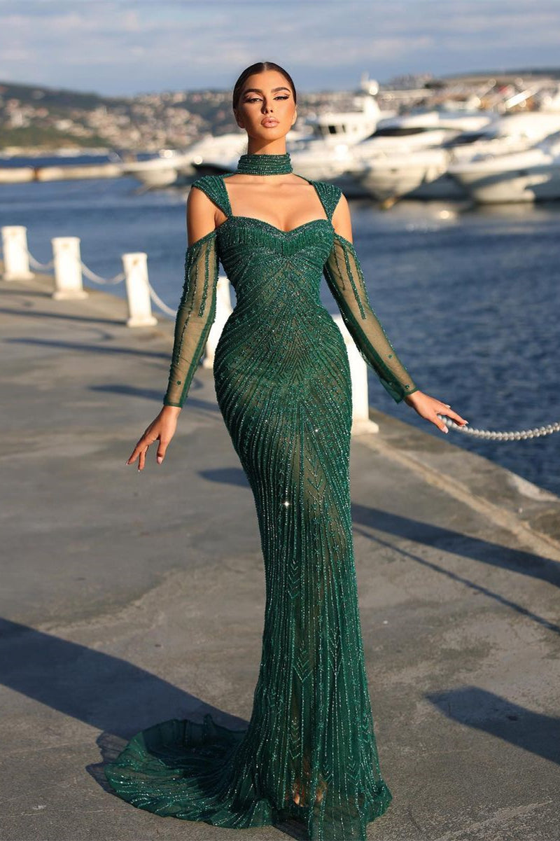 Elegant Long Dark Green Beading Off-The-Shoulder Prom Dress with Sleeves Elegant Long Dark Green Beading Off-The-Shoulder Prom Dress with Sleeves