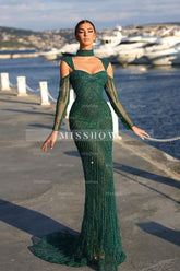 Elegant Long Dark Green Beading Off-the-shoulder Prom Dress With Sleeves
