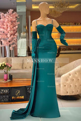 Elegant Long Dark Green Spaghetti Straps Prom Dress With Ruffles