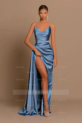 Elegant Long Dusty Blue Mermaid Sleeveless Prom Dress With Slit