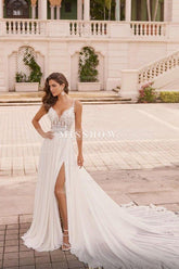 Elegant Long Ivory A-line Spaghetti Straps V-neck Lace Wedding Dress with Slit