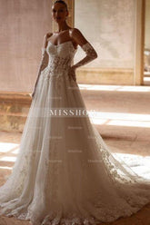 Elegant Long Ivory A-line Strapless Lace Sweetheart Wedding Dresses