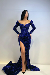 Elegant Long Mermaid Long Sleeves Sequined Prom Dress With Slit