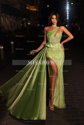 Elegant Long Mermaid One Shoulder Lace Sleeveless Prom Dress With Slit