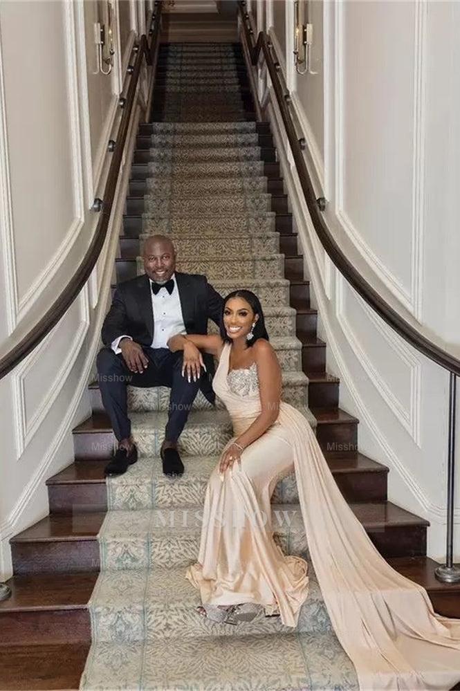 Elegant Long Mermaid One Shoulder Sequined Prom Dress With Ruffles