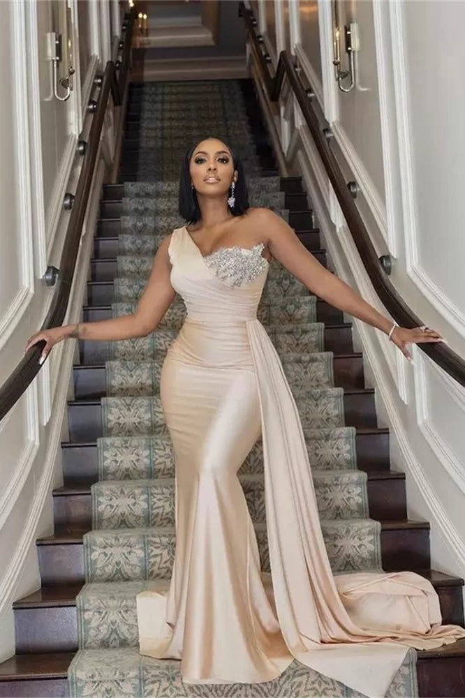 Elegant Long Mermaid One Shoulder Sequined Prom Dress With Ruffles