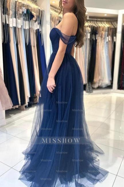 Elegant Long Navy Blue Off-the-shoulder A-line Sleeveless Prom Dresses