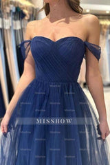 Elegant Long Navy Blue Off-the-shoulder A-line Sleeveless Prom Dresses