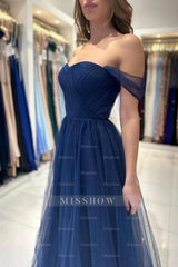 Elegant Long Navy Blue Off-the-shoulder A-line Sleeveless Prom Dresses