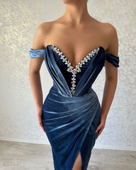 Elegant Long Navy Off-the-shoulder Column Ankle Length Prom Dress With Slit