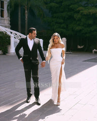 Elegant Long Off-the-shoulder Satin Wedding Dress With Slit