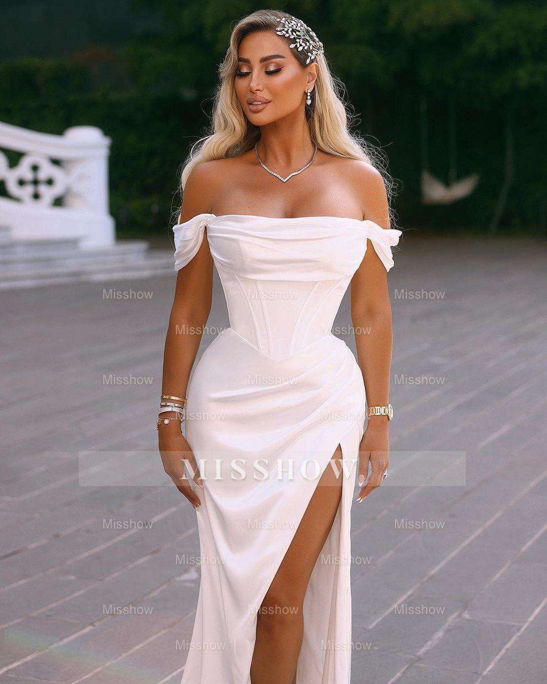 Elegant Long Off-the-shoulder Satin Wedding Dress With Slit