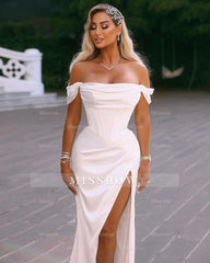 Elegant Long Off-the-shoulder Satin Wedding Dress With Slit