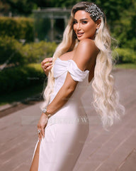 Elegant Long Off-the-shoulder Satin Wedding Dress With Slit