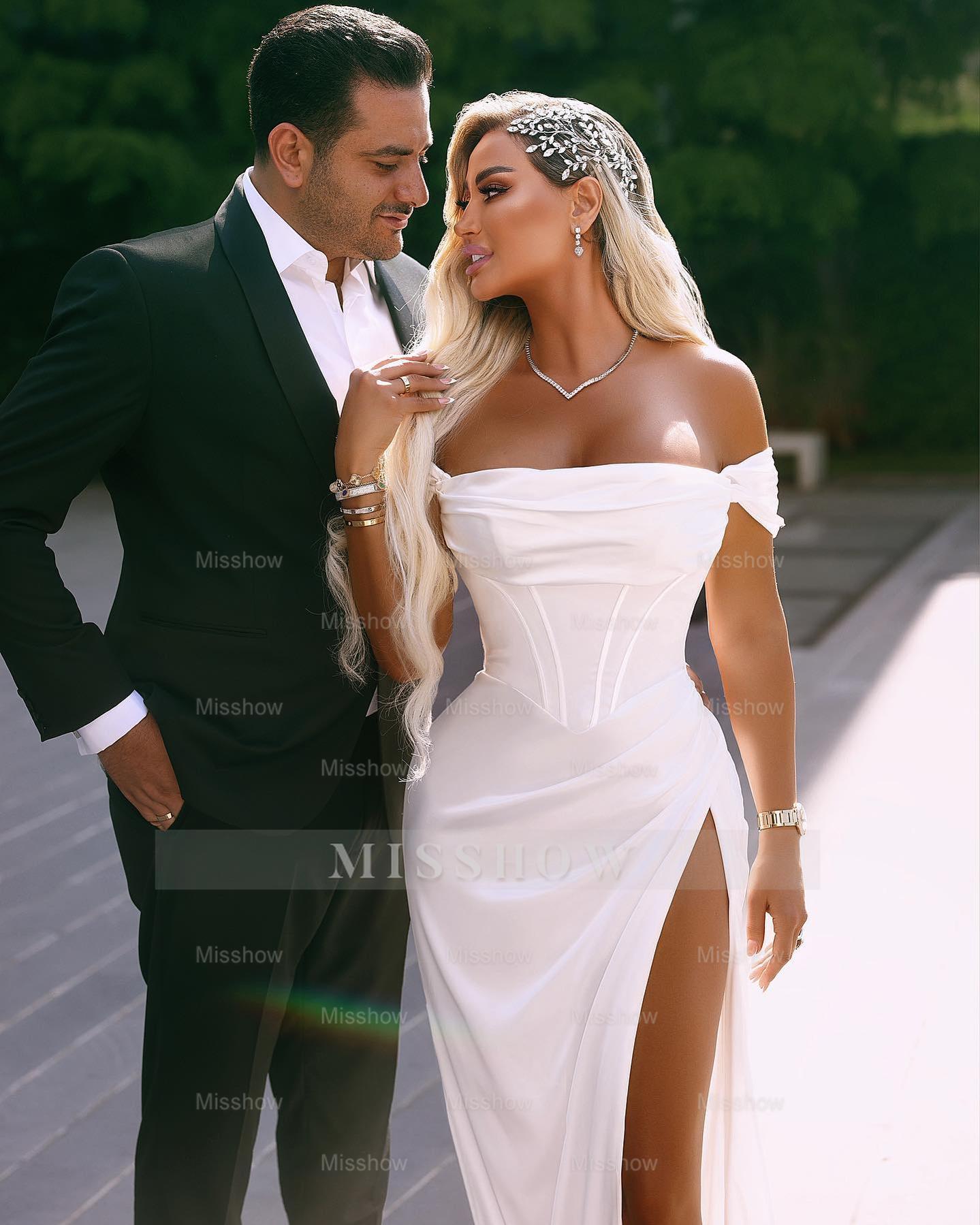 Elegant Long Off-the-shoulder Satin Wedding Dress With Slit