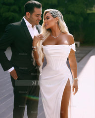Elegant Long Off-the-shoulder Satin Wedding Dress With Slit
