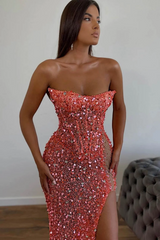 Elegant Long Pink Sexy Strapless Sleeveless Mermaid Prom dresses With Rhinestone