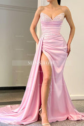 Elegant Long Pink Sleeveless Front Split Satin Prom Dress With Beading