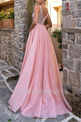 Elegant Long Pink V-Neck A-line Glitter Sleeveless Evening Dresses With Slit
