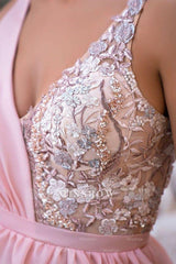 Elegant Long Pink V-Neck A-line Glitter Sleeveless Evening Dresses With Slit