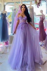 Elegant Long Purple A-line Off-the-shoulder Sleeveless Prom Dress With Lace