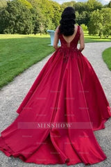 Elegant Long Red A-line Sleeveless Satin Weeding Dress With Lace