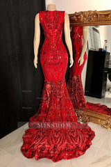 Elegant Long Red Mermaid Sleeveless Prom Dress With Lace